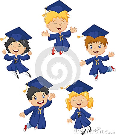 Cartoon little kids celebrate their graduation on white background Vector Illustration