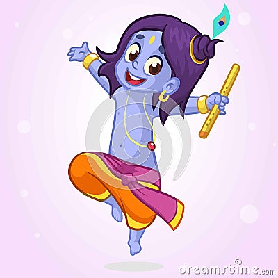 Cartoon little Krishna dancing with a flute. Vector illustration for Krishna birthday festival Janmashtami Day Hindu. Vector Illustration