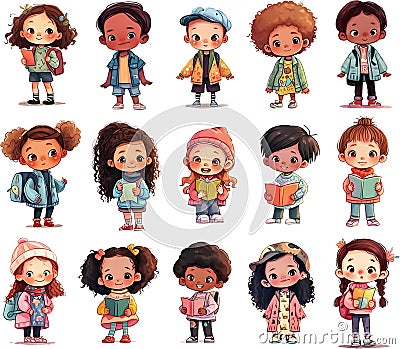 Cartoon little multiethnic children, characters standing, whole body, full height, schoolboys and schoolgirls with backpacks, Cartoon Illustration