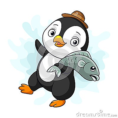 Cartoon little penguin carrying fish Vector Illustration