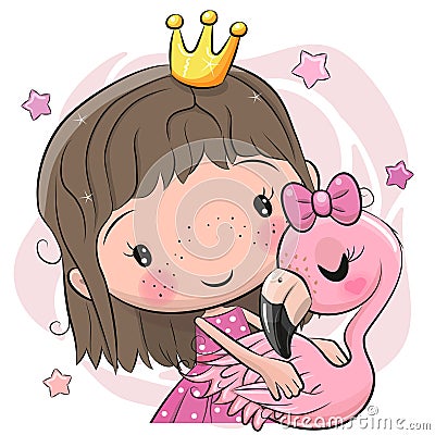 Cartoon Little Princess holding a flamingo in her hands Vector Illustration