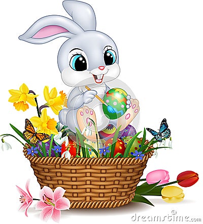 Cartoon little rabbit painting an Easter egg Vector Illustration