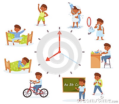 Cartoon little school boy activities, child daily routine. Children morning and evening activity, everyday schedule for Vector Illustration