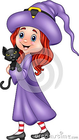 Cartoon little witch holding black cat Vector Illustration