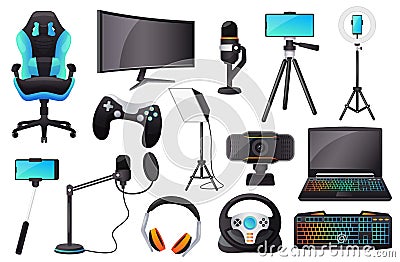 Cartoon live streaming and gaming accessories, gamer equipment. Microphone, headset, monitor, lighting, web camera Vector Illustration