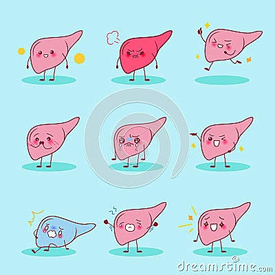 Cartoon liver express different emotions Vector Illustration