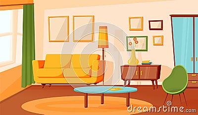 Cartoon living room interior. Flat empty sofa, indoor area design. Modern apartment hall with furniture carpet, lounge Vector Illustration