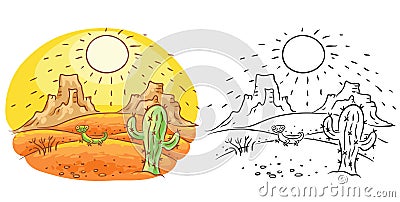 Cartoon lizard and cactus in the desert, cartoon drawing, both colored and black and white Vector Illustration