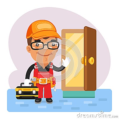 Cartoon Locksmith Opened the Door Vector Illustration