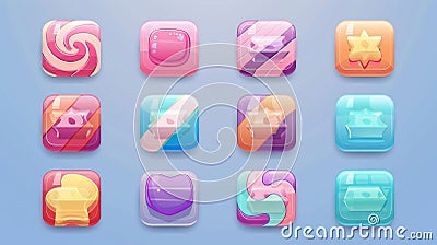 Cartoon lollipop UI, striped blocks, candy app icons, game UI square buttons, isolated modern illustration for user Cartoon Illustration