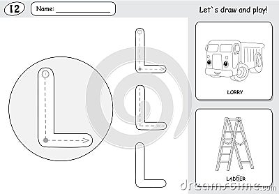 Cartoon lorry and ladder. Alphabet tracing worksheet: writing A-Z and educational game for kids Vector Illustration