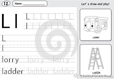 Cartoon lorry and ladder. Alphabet tracing worksheet: writing A-Z and educational game for kids Vector Illustration