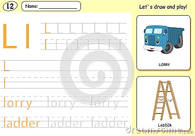 Cartoon lorry and ladder. Alphabet tracing worksheet Vector Illustration