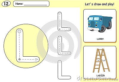 Cartoon lorry and ladder. Alphabet tracing worksheet Vector Illustration