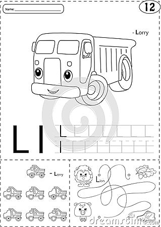 Cartoon lorry and lion. Alphabet tracing worksheet: writing A-Z Vector Illustration