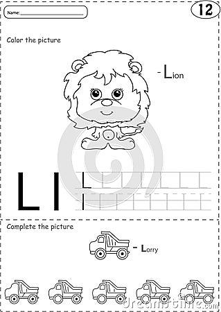 Cartoon lorry and lion. Alphabet tracing worksheet: writing A-Z Vector Illustration