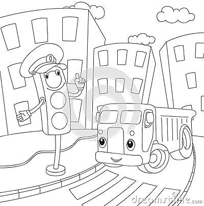 Cartoon lorry and traffic lights. Coloring book for kids Vector Illustration