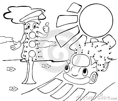 Cartoon lorry, traffic lights and sun. Vector illustration. Vector Illustration