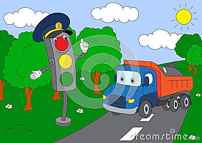 Cartoon lorry and traffic lights Vector Illustration