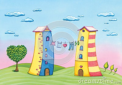 Cartoon love houses with clothes line and a love tree. Cartoon Illustration