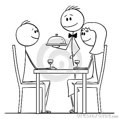 Cartoon of Loving Couple of Man and Woman Sitting Behind Table in Restaurant While Waiter Serving Food Vector Illustration