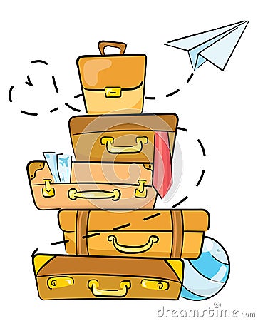 Cartoon luggage for traveling. Illustration for travel agencies. A lot of luggage lying on top of each other. Drawing Vector Illustration