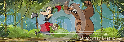 Cartoon lumberjack with an ax is running away from an angry bear Vector Illustration