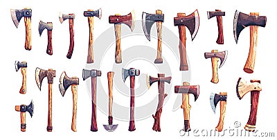 Cartoon Lumberjacks Axes Different Types. Collection of Woodcutting Tools for Forestry and Logging. Vector Illustrations Vector Illustration