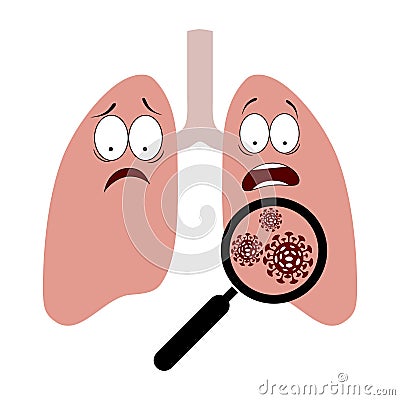 Cartoon lungs with magnifier and virus cells over white background. Human respiratory system with unhealthy internal organ Vector Illustration