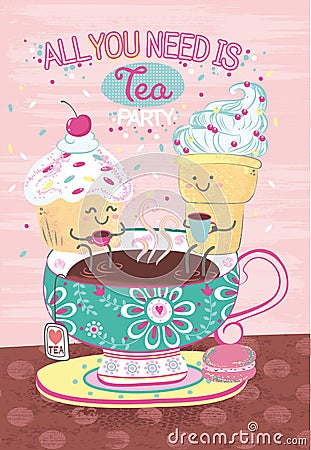 Cartoon macaroon, ice cream and cake sitting on painted cup of tea with flower pattern Vector Illustration