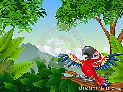 Cartoon macaw in the jungle Vector Illustration
