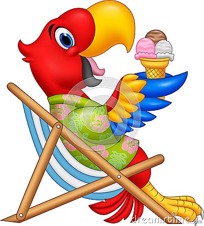 Cartoon macaw sitting on beach chair and eating an ice cream Vector Illustration