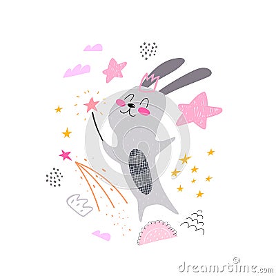 Cartoon magic bunny, stars, decor elements. Cute colorful vector illustration for kids. flat style, hand drawing. Vector Illustration