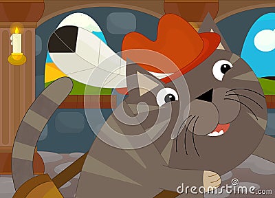 Cartoon magic cat in a castle chamber Cartoon Illustration