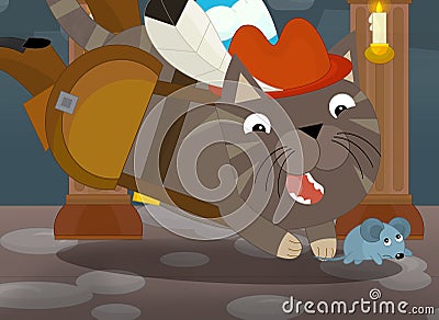 Cartoon magic cat in a castle chamber Cartoon Illustration