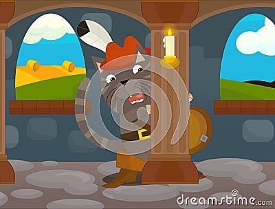 Cartoon magic cat in a castle chamber Cartoon Illustration