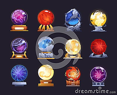 Cartoon magic orb. Energy witchcraft crystal ball for prophecy of future, fantasy wizard glass sphere on wooden and Vector Illustration