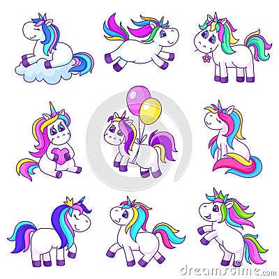 Cartoon magic unicorns. Cute pony, unicorn patches. Isolated pink kids friends, fairy tale animals. Cutie elements for Vector Illustration