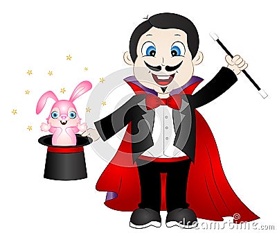 Cartoon Magician with Bunny in Hat Vector Illustration