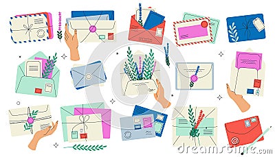 Cartoon mail envelopes. Handwritten letters with stamps and postmarks, old-fashioned postcard and letter delivery Vector Illustration