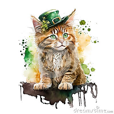 Cartoon mainecoon kitten in green leprechaun hat with flowers for St. Patrick's Day. Stock Photo