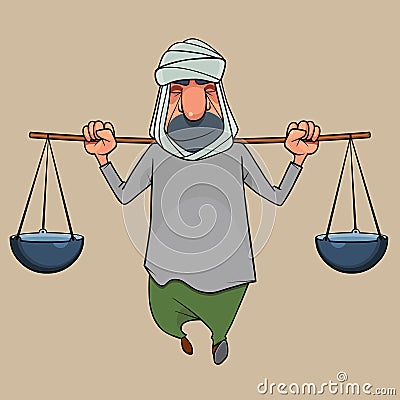 Cartoon male arab carries a stick on his shoulders with bowls on both sides Vector Illustration