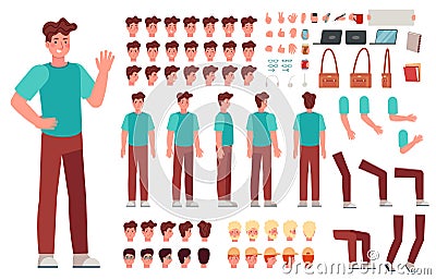 Cartoon male character kit. Man animation body parts, guy in casual clothes. Boy constructor with hand gestures and Vector Illustration