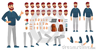 Cartoon male character kit. Man in casual clothing, different hands, legs poses and facial emotion. Characters Vector Illustration