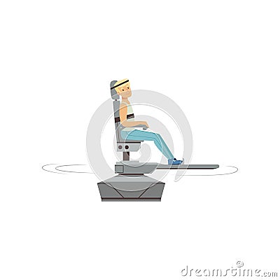 Cartoon male character training on special space simulator before flight. Young blond man in sportswear. Modern Vector Illustration