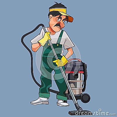 Cartoon male cleaner in uniform with vacuum cleaner Vector Illustration