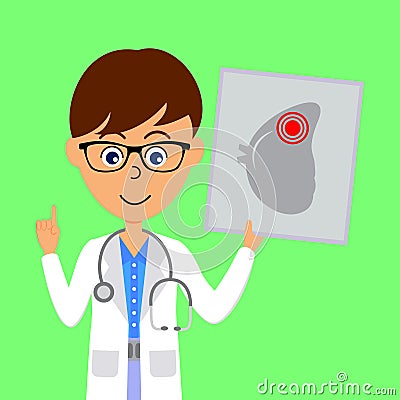 Cartoon male doctor character showing image of unhealthy spleen. Healthcare concept. Vector Illustration