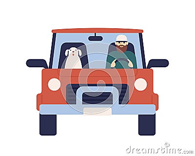 Cartoon male driver with dog on car vector flat illustration. Colorful man and cute domestic animal ride on red Vector Illustration