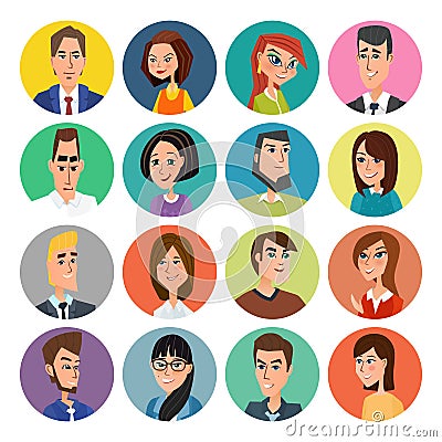 Cartoon male and female faces collection. Vector collection icon set of colorful people modern flat design. Avatars characters of Stock Photo