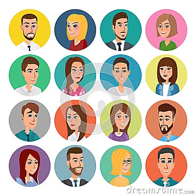 Cartoon male and female faces collection. Vector icon set of colorful people modern flat design. Avatars characters men women. Stock Photo